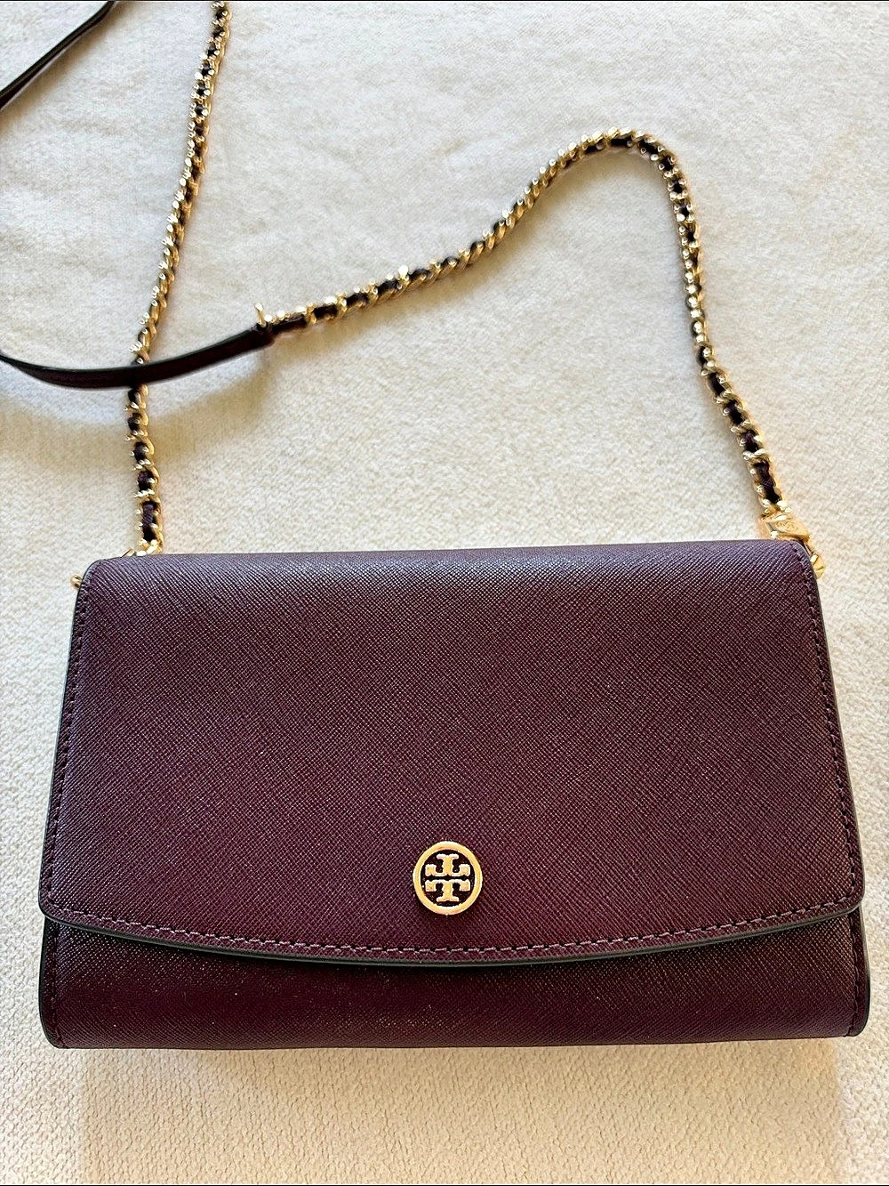 Tory Burch Robinson Chain Wallet Saffiano Crossbody Purple